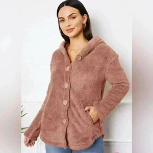 Hooded Teddy Fuzzy Dusty Pink Button Up Hooded Jacket Size Large with pockets